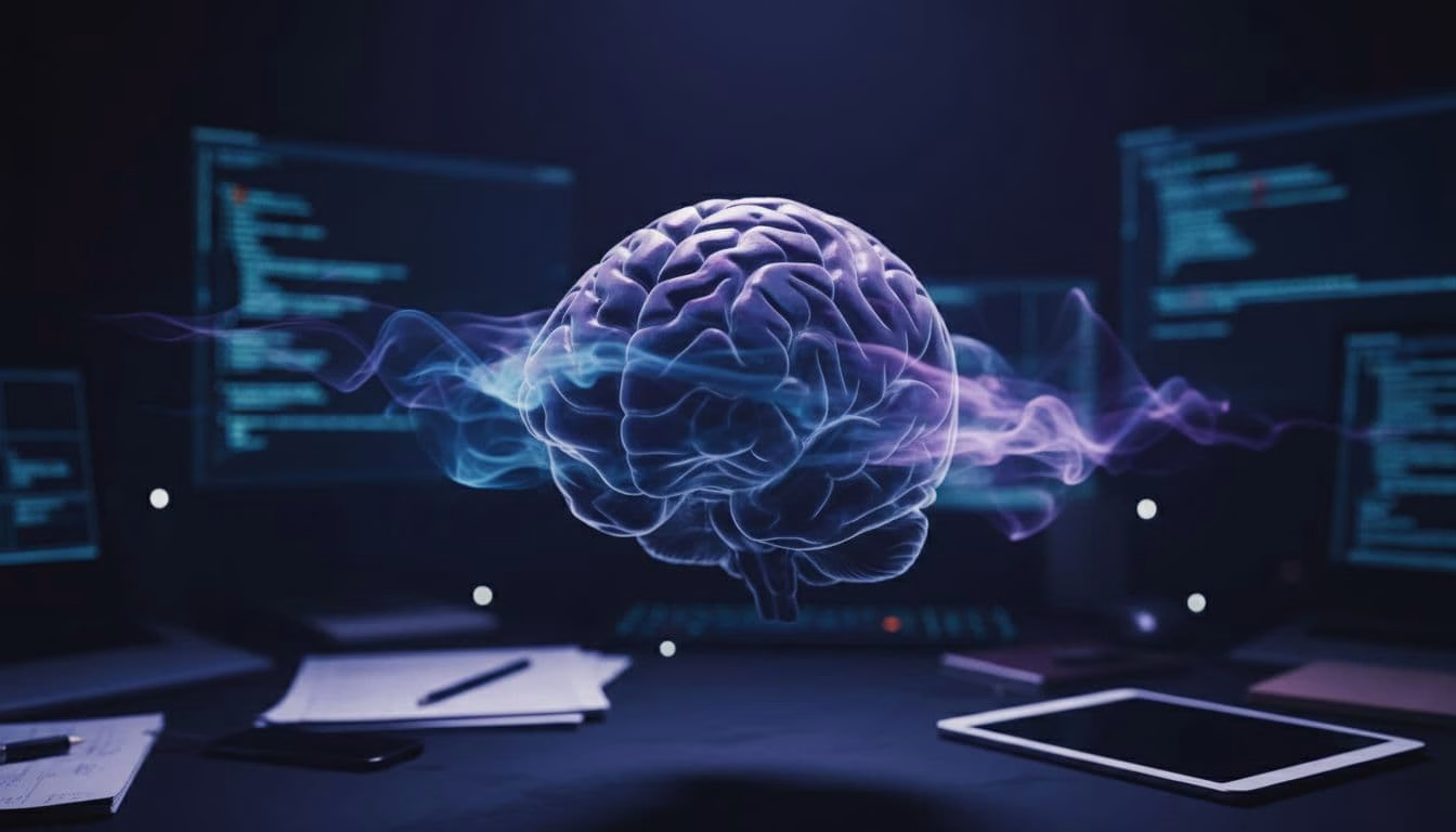 A detailed human brain model floats in a dark workspace amid computer screens and papers, with ethereal smoke wisps representing attention residue curling around the prefrontal cortex.