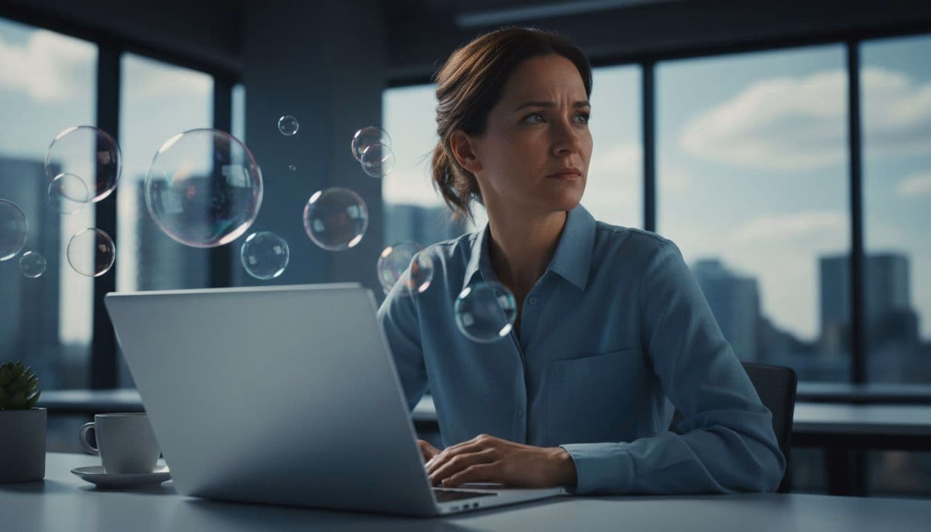 Overwhelmed knowledge worker at modern desk with angled laptop and subtle floating notification bubbles in office setting, close-up emphasizing facial distraction with cinematic dramatic side lighting.