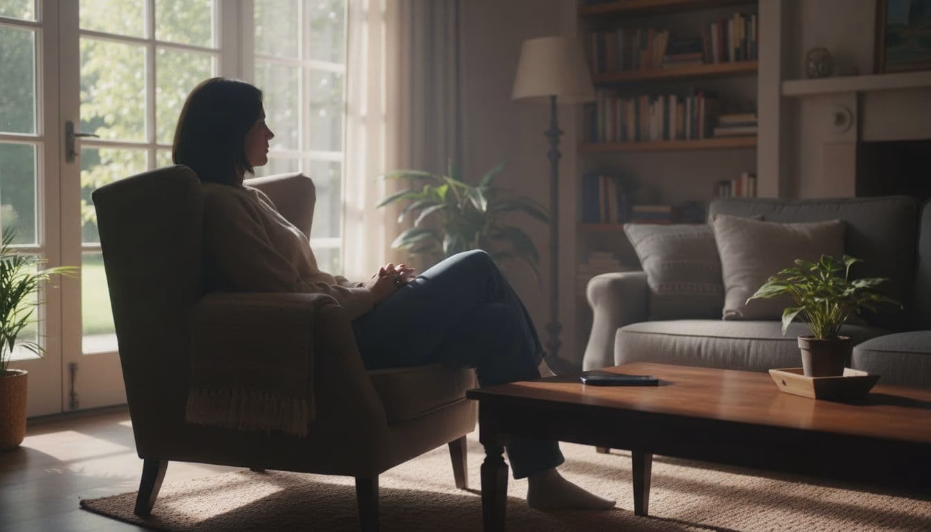 A single person sits in a cosy living room with phone face down on a wooden table, hands folded in lap, gazing thoughtfully out the window in natural daylight, embodying a break from digital stimulation.