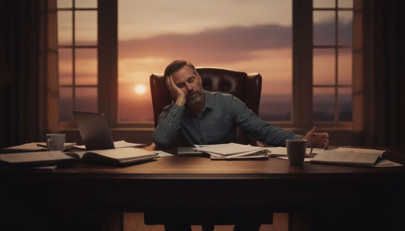 A middle-aged professional slumped tiredly at a wooden desk in a home office at dusk, with scattered papers around a laptop and dramatic fading light casting long shadows.