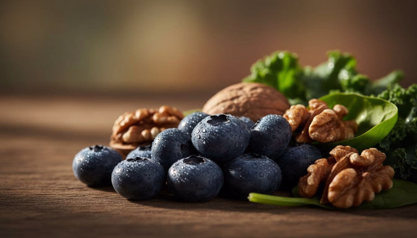Close-up of fresh blueberries, walnuts, and green leafy vegetables on a wooden table in soft natural light with dewy textures and cinematic depth.