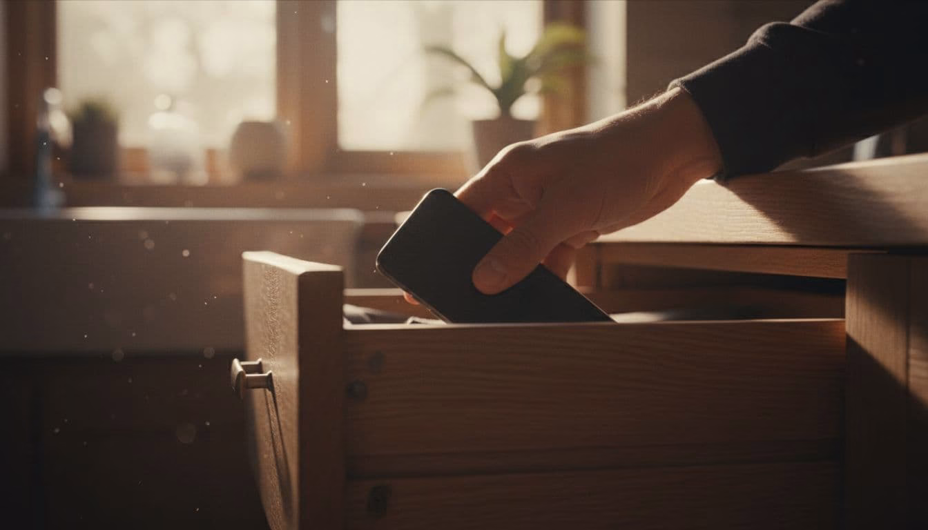A single hand places a smartphone into a half-open kitchen drawer on a wooden counter, with blurred morning light and dramatic warm lighting emphasizing the action. This illustrates adding physical friction to phone access to break scrolling habits.
