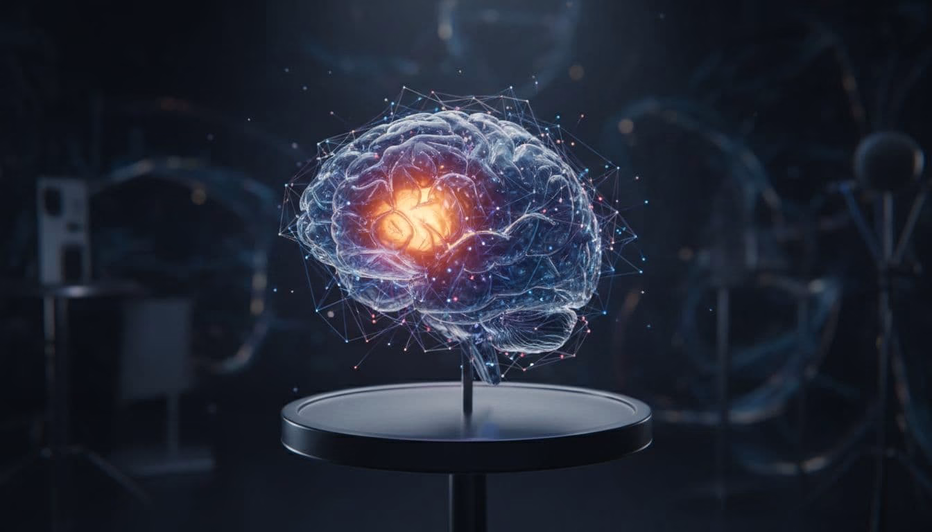 A detailed human brain model in a softly lit neuroscience studio, with the prefrontal cortex emitting a subtle warm glow amid neural connections, rendered in cinematic style with dramatic lighting.