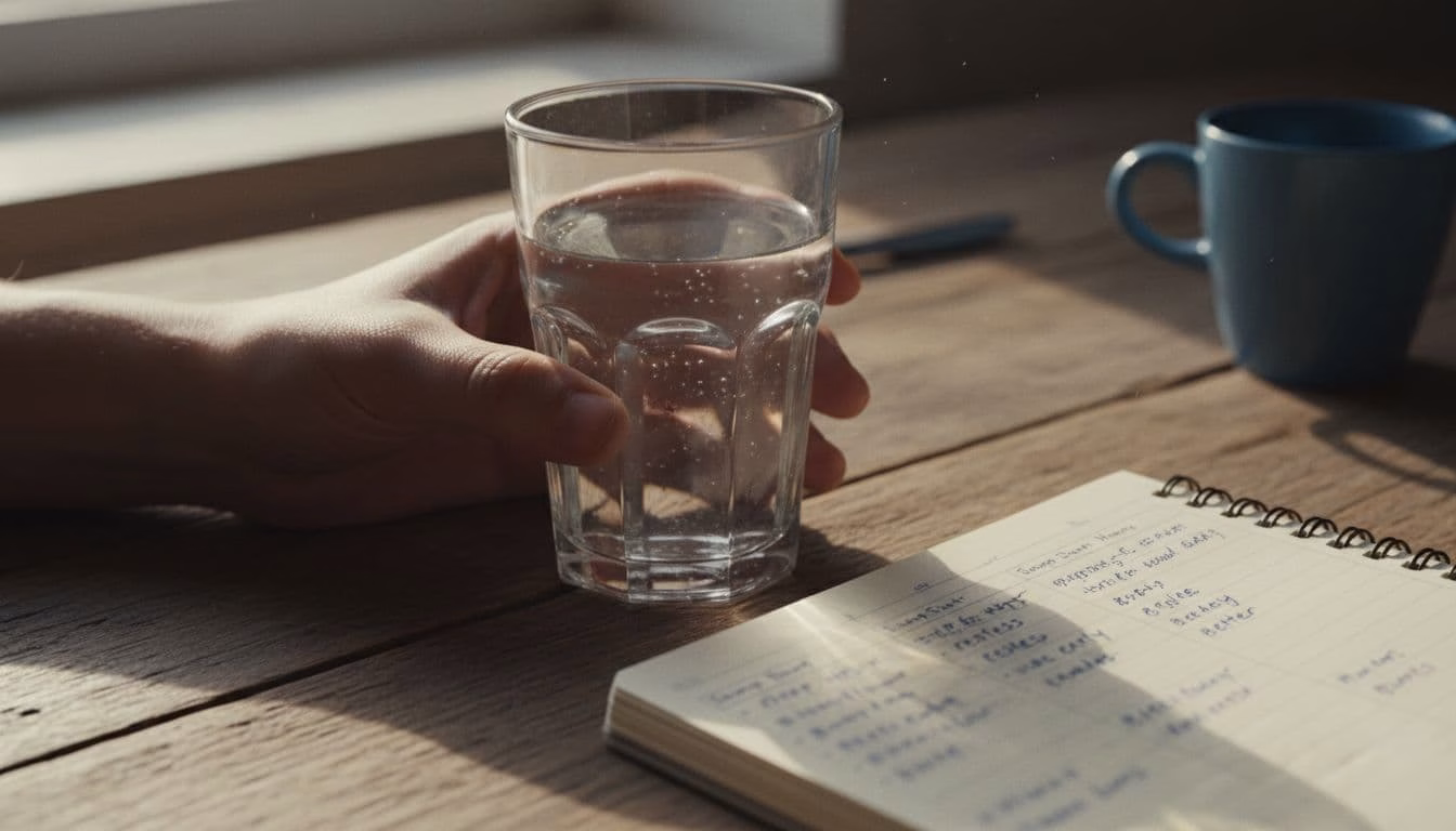 Close-up of a relaxed hand holding a glass of water next to a notebook with sleep log entries on a wooden desk under natural daylight, symbolizing simple daily checks for hydration and brain fog.