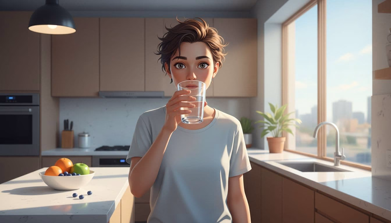 Alert person drinking a glass of water in a sunlit kitchen after waking, with fruit nearby on the counter, embodying a calm health-and-wellness hydration routine.