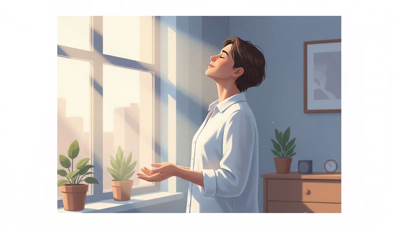 Illustration of a person standing by a window, exposing their face to bright morning sunlight with a refreshed expression, in a simple bedroom setting with plants, promoting light therapy for wakefulness and health.