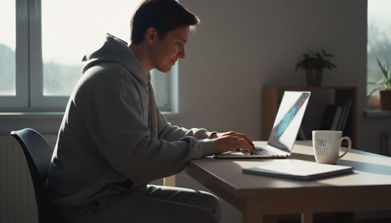 An adult in comfortable attire at a simple wooden desk in a bright home office gently touches the laptop keyboard to start typing, expression shifting from focused determination to relief, with coffee mug, notebook, and morning sunlight nearby.