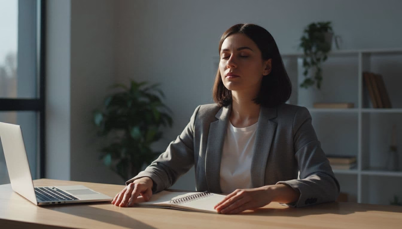 A focused professional in a modern office takes a deep breath with eyes closed to refocus before a new task, seated at a tidy desk with laptop and notebook under natural window light.