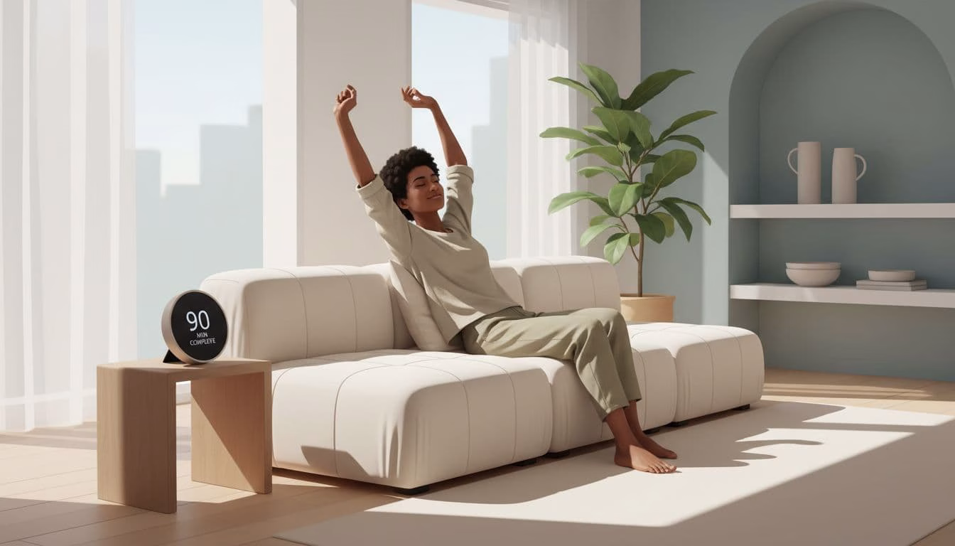 Diverse adult stretches awake refreshed on a comfortable sofa in a serene living room after a 90-minute nap, with clear focused eyes, subtle smile showing improved mood and memory, and a clock indicating cycle complete.