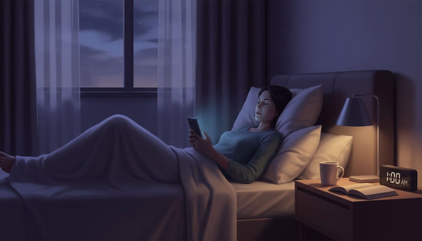 A tired adult in dim bedroom lighting scrolls on phone at 1 AM, embodying revenge bedtime procrastination with a calm, cinematic night scene.