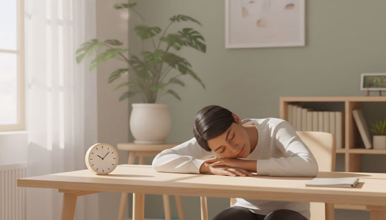 A diverse adult rests their head on arms for a quick 10-20 minute power nap at a desk in a bright minimalist home office, with a relaxed peaceful expression and a simple analogue clock showing minimal time passed under soft natural light.