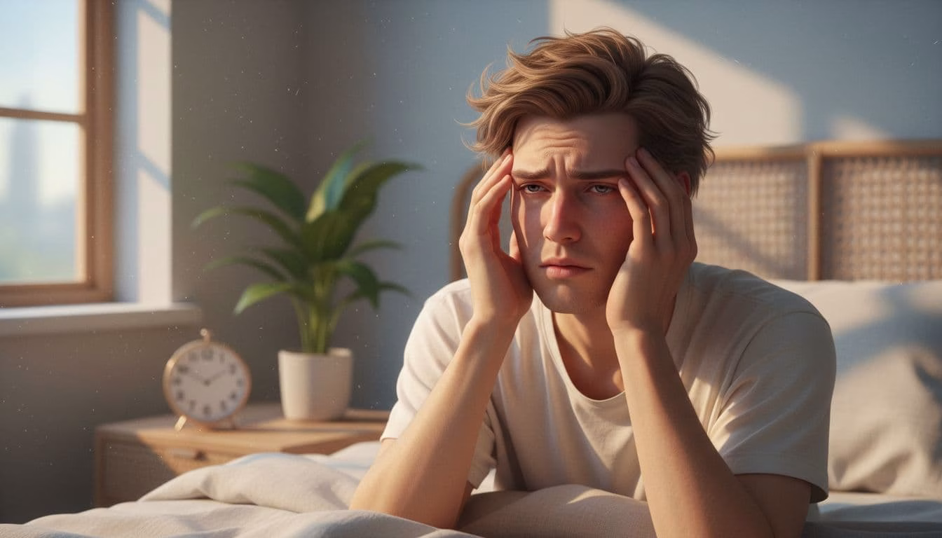 A person wakes up groggy in a cozy bedroom, rubbing their eyes with a confused expression amid morning sunlight and rumpled sheets. This clean, realistic illustration captures the relatable moment of sleep inertia.