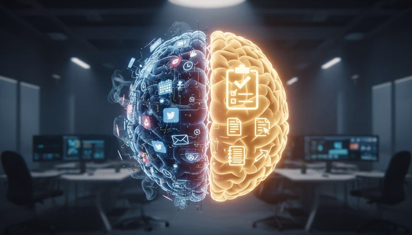 Illustration of a brain split into two halves: the left cluttered with chaotic icons of emails, meetings, and social media representing distraction, the right clear and organized with a single task checklist, dramatic divide and cinematic lighting.