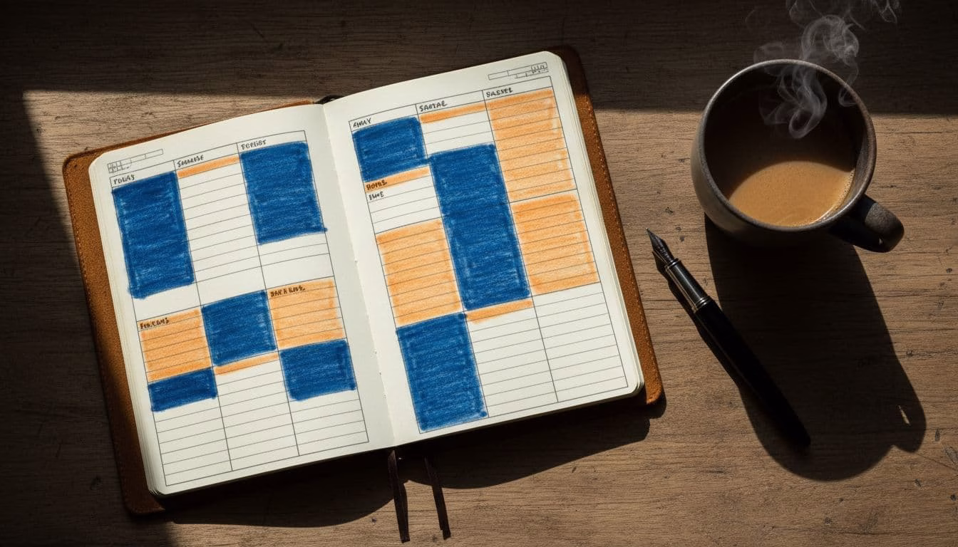 Open analogue planner notebook on a wooden desk with hand-sketched colorful time blocks for focused work and breaks, coffee mug and pen nearby, natural window light, top-down cinematic style.
