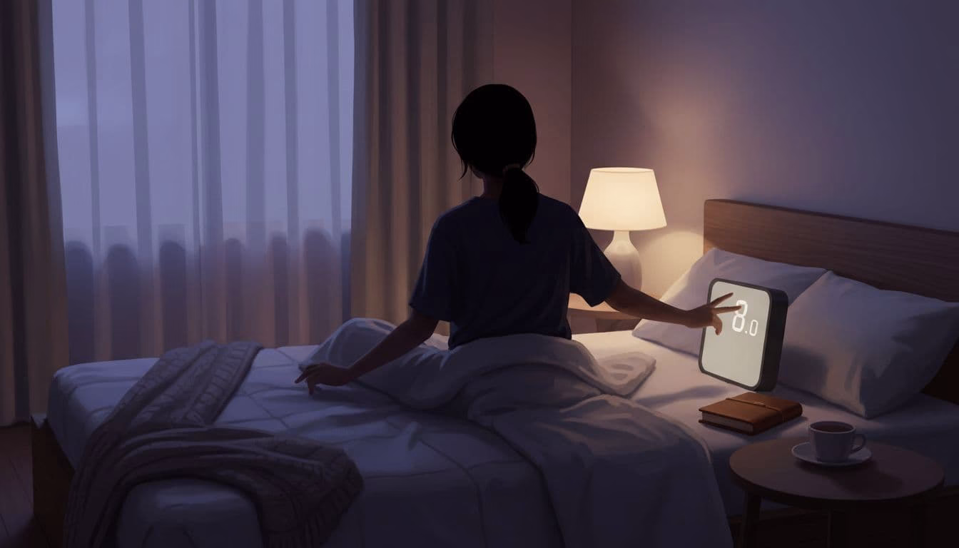 A person sits up in a cozy bedroom at night, relaxedly turning off their phone alarm clock with hands on the covers, journal and tea nearby under soft lamp glow in muted purples and blues.