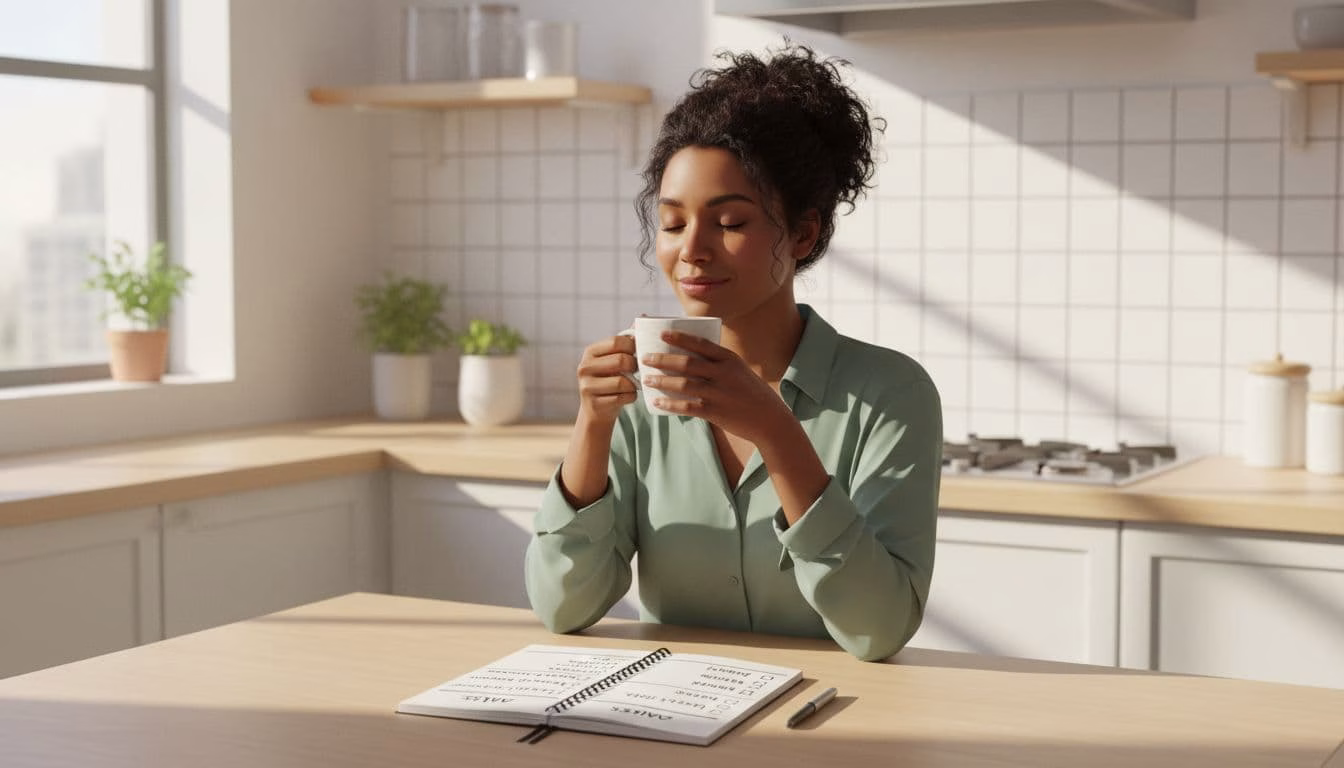 A diverse adult woman in a calm early morning kitchen writes her pre-planned meals, outfits, and tasks on a notepad, sipping herbal tea with a relaxed smile.