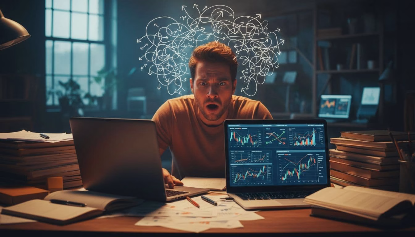 A single frustrated person at a cluttered desk surrounded by papers, open laptops with charts, and thought bubbles of confusing arrows, capturing the overwhelming feeling of too many choices.