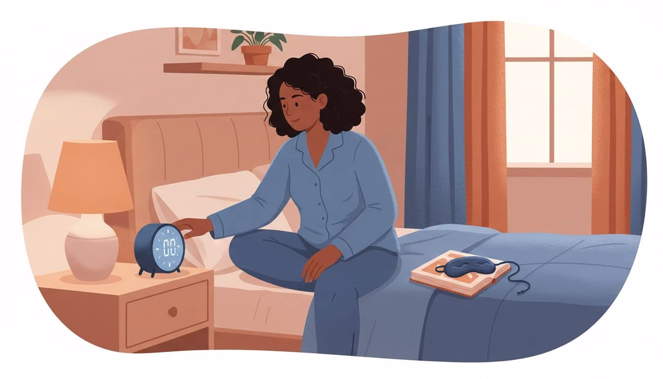 A diverse adult in a cosy bedroom at bedtime sets an alarm clock on the bedside table as part of a consistent sleep routine, with a dim lamp casting soft light and a book or eye mask nearby.