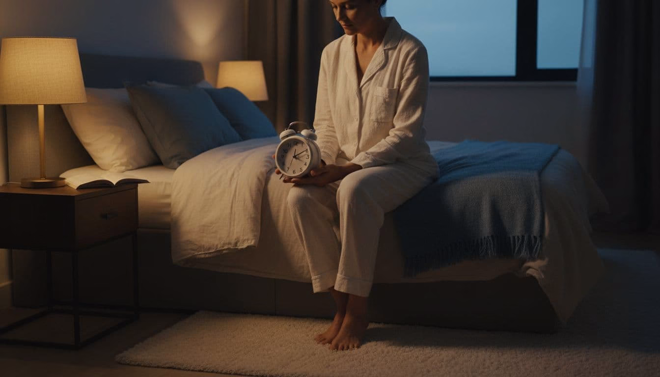 In a cozy bedroom at evening with warm lamp light, one adult in comfortable pyjamas sits on the bed edge checking a simple analogue alarm clock set for consistent wake time. Realistic modern editorial wellness style with soft shadows, neutral tones, subtle blue accents, and cinematic lighting from bedside lamp.