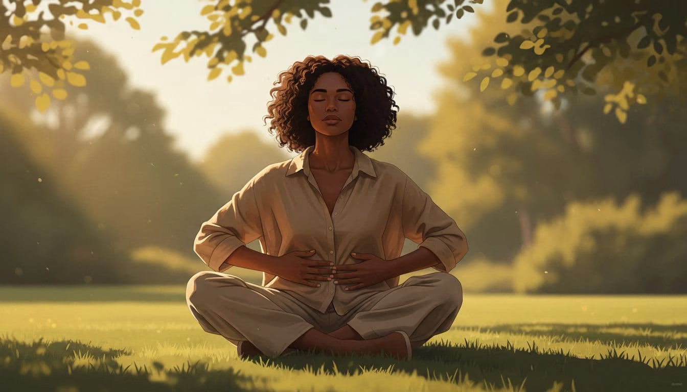 Calm editorial illustration of a diverse adult outdoors practicing deep breathing with hands on belly, eyes closed, in relaxed posture amid soft nature elements.