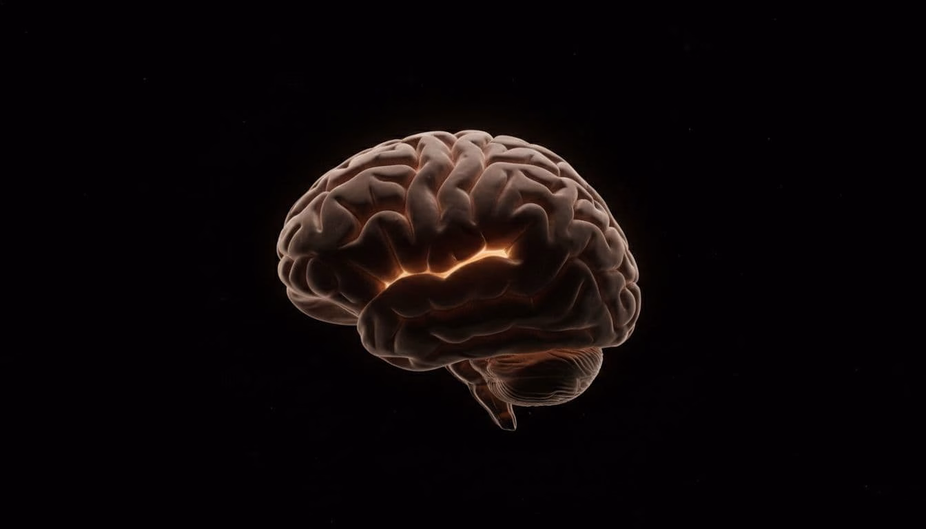 Photorealistic human brain floating in dark space, subtle warm glow highlighting Default Mode Network regions including medial prefrontal cortex, posterior cingulate cortex, and angular gyrus. Cinematic close-up side view with dramatic lighting and high detail.