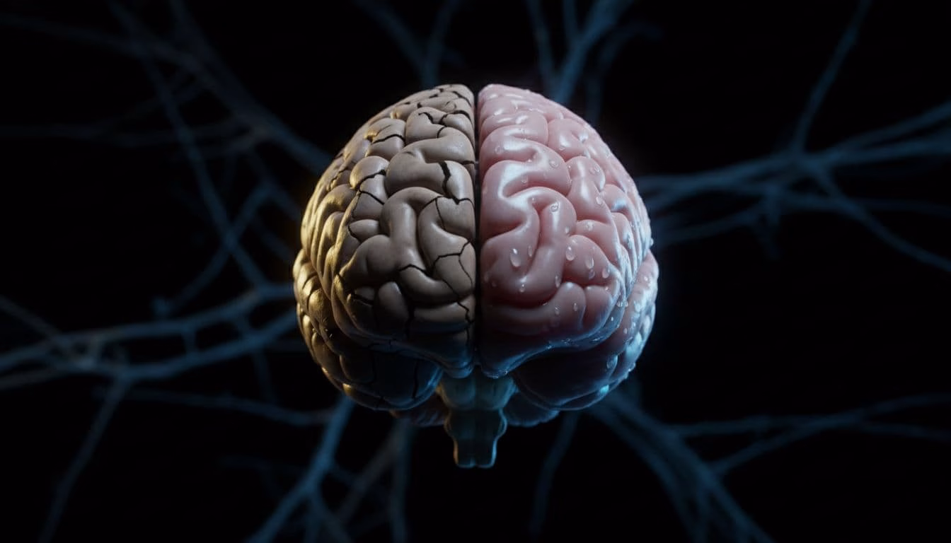 Human brain split in half with a subtle neural network glow: left side dry and shriveled with cracks under harsh shadows, right side plump and hydrated with soft blue highlights and moisture droplets, on a dark cinematic background with strong contrast and dramatic side lighting.