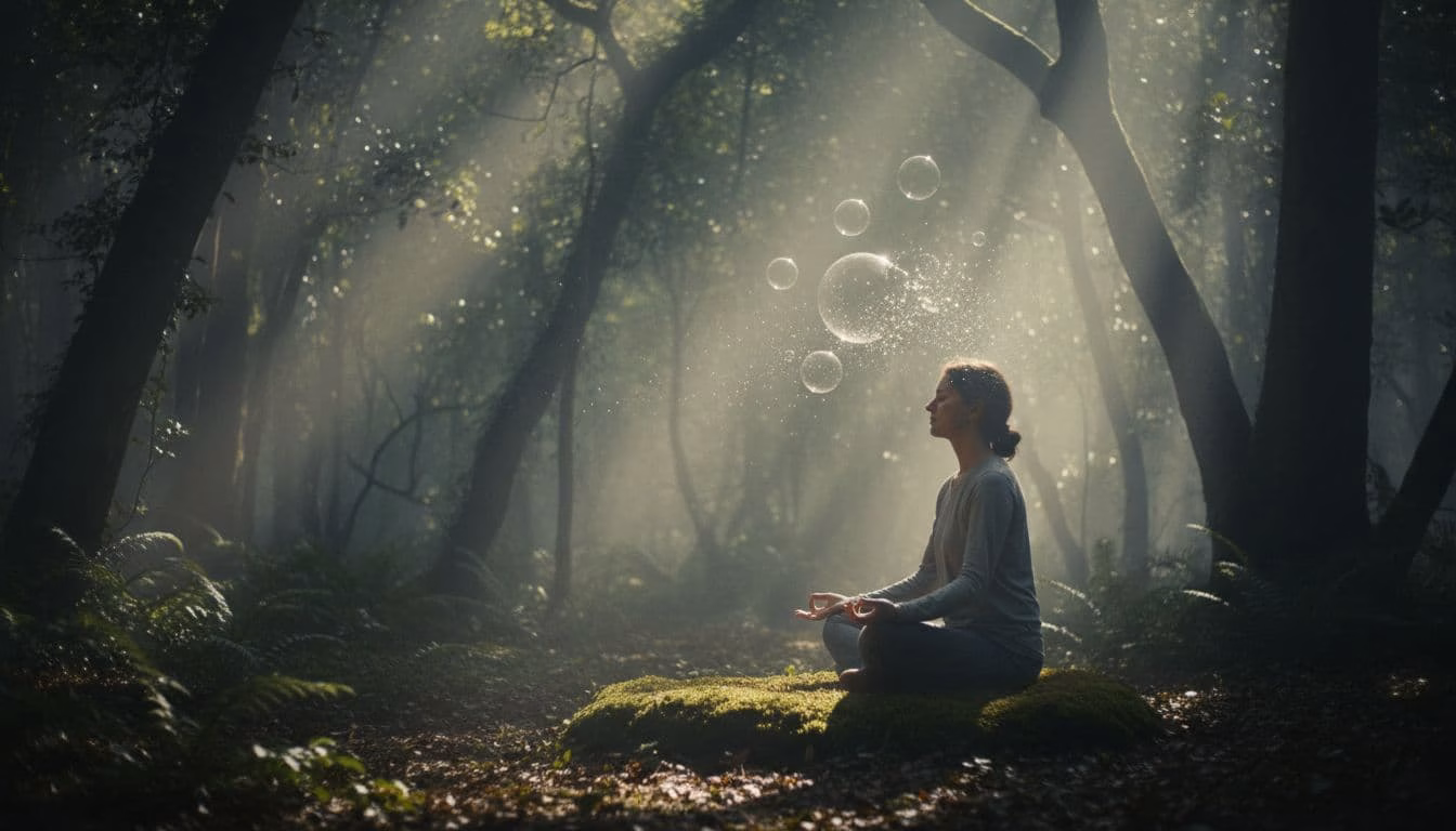 A serene person sits cross-legged in a misty forest clearing, mindfully breathing as faint thought bubbles dissolve around them, captured in a cinematic side-angle medium shot with dramatic lighting.