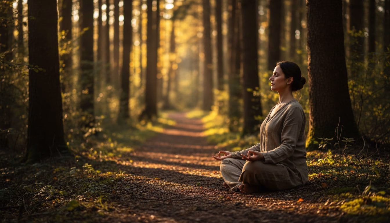 A person practices mindfulness meditation outdoors on a forest path, with a calm focused gaze and hands on knees in a relaxed pose, surrounded by trees during golden hour lighting. The photorealistic cinematic image features strong contrast, depth, and dramatic lighting for a serene atmosphere.