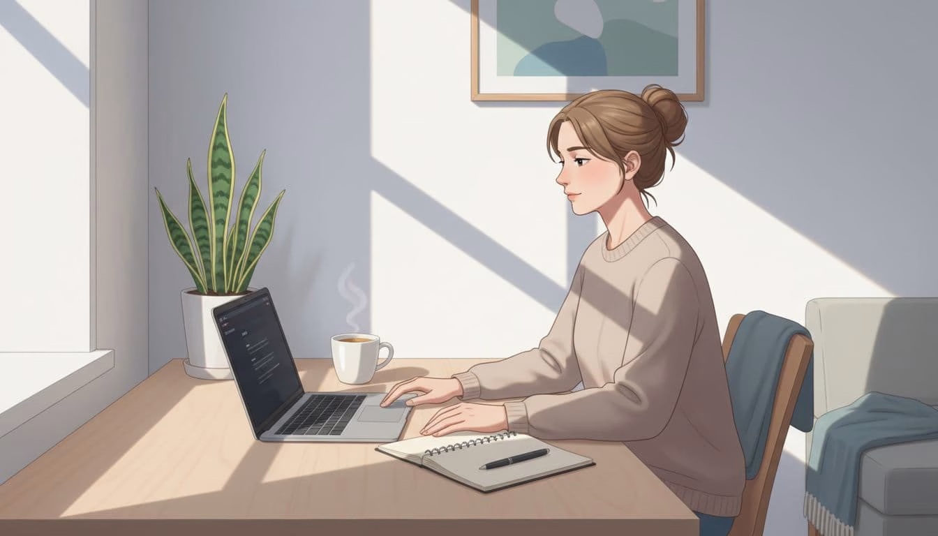 A single person works calmly at a tidy desk with laptop, notebook, tea cup, and plant in a modern home office, emphasizing simplicity, concentration, and minimal distractions under soft window light.
