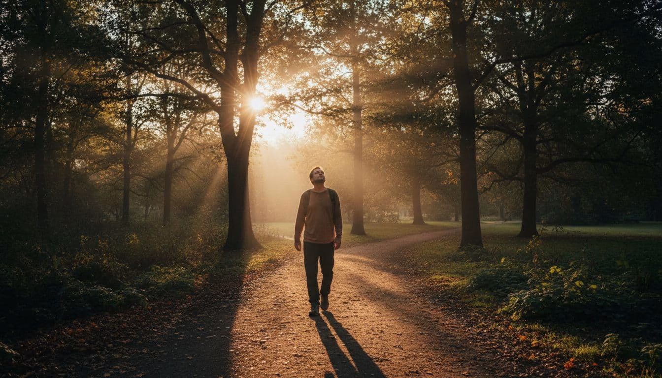A single person walks casually along a natural path in a park at sunrise, with soft golden morning light filtering through trees and illuminating their face in a cinematic style.