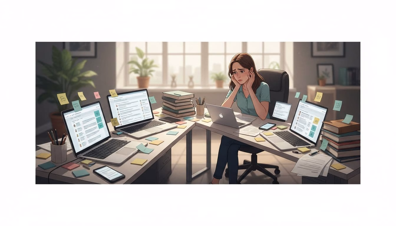 A stressed individual sits at a chaotic home office desk buried under multiple laptops with endless browser tabs, scattered papers, popping phone notifications, and sticky notes everywhere, capturing the essence of information overload.