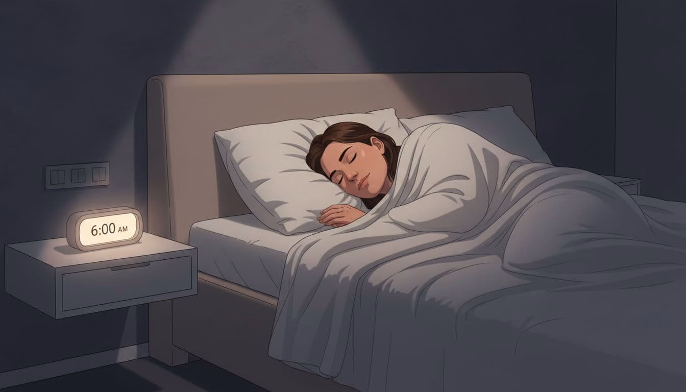 Person sleeps peacefully under covers in dark bedroom lit by bedside lamp with early morning clock.