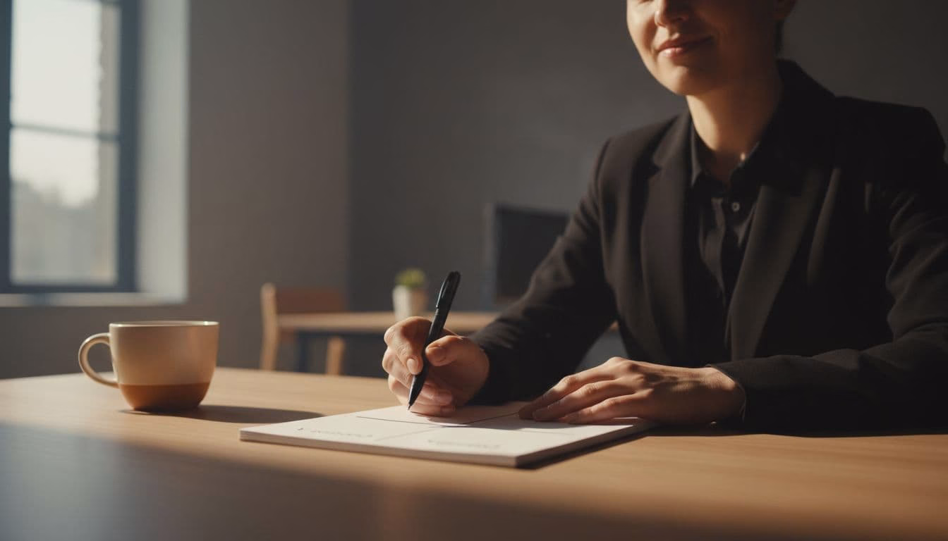 A professional in a modern office calmly draws a line on a notepad between two choice columns to decide quickly, showing relief on their face with soft natural light and minimal desk setup.