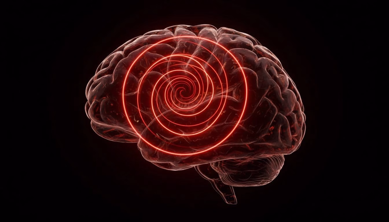 A human brain with glowing red looping neural pathways forming endless cycles like a hamster wheel in the mind, set in a dark abstract void with cinematic lighting.