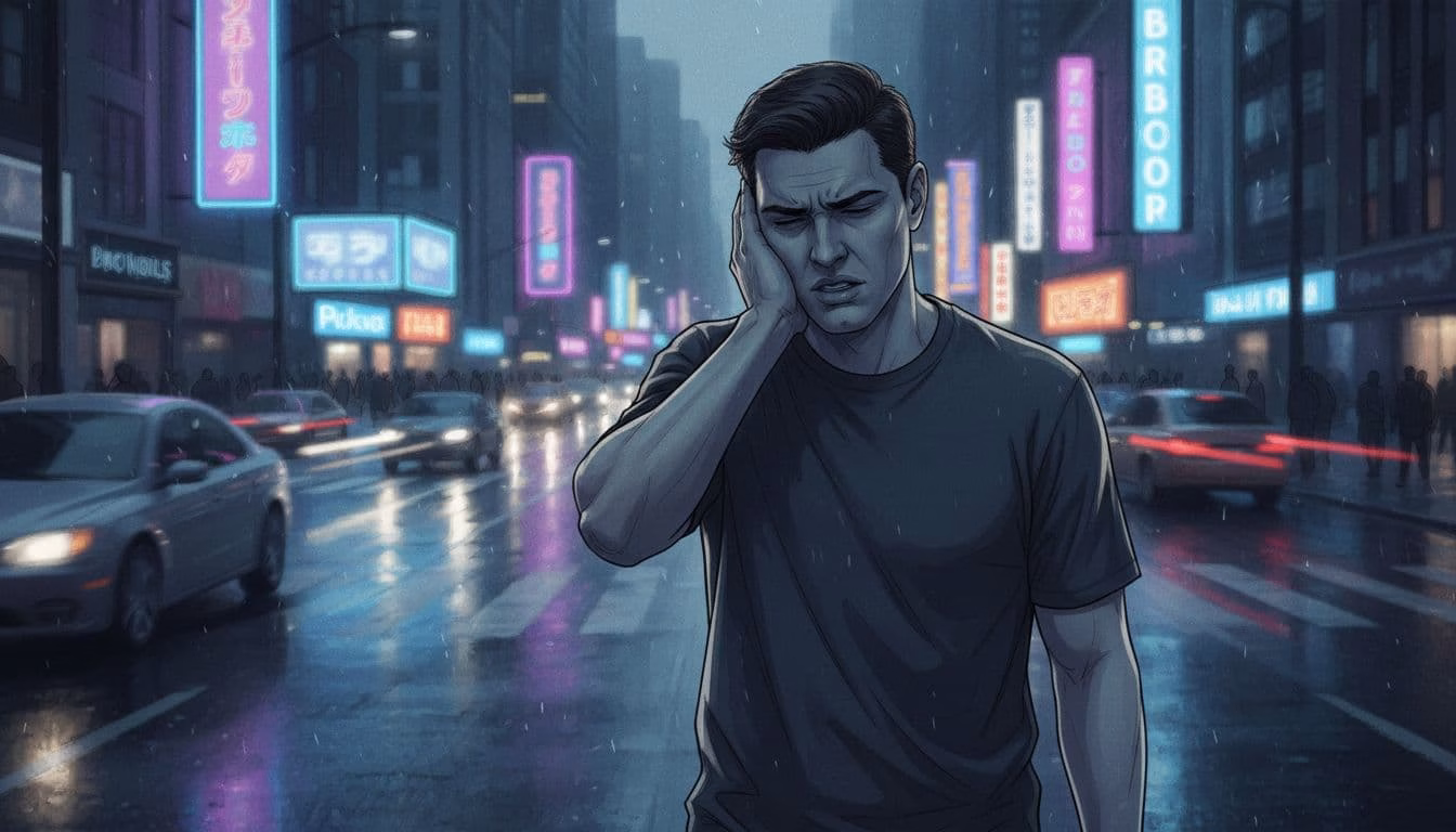 A lone person stands tense in a crowded urban street during evening rush hour, covering one ear with a furrowed brow and hunched shoulders, surrounded by flashing neon signs and blurring cars and crowds. Medium shot from a low angle in cinematic style with cool blue-grey tones and dramatic lighting emphasizes the overwhelming sensory environment.