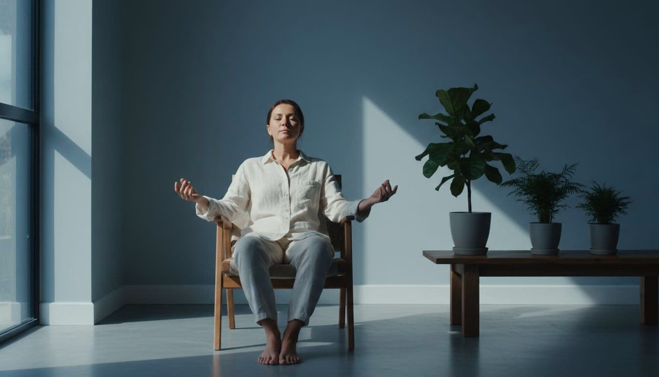 A single person sits relaxed with eyes closed in deep breath in a softly lit minimalist room featuring neutral walls, dim natural light, green plants, and cinematic cool blue-grey tones.