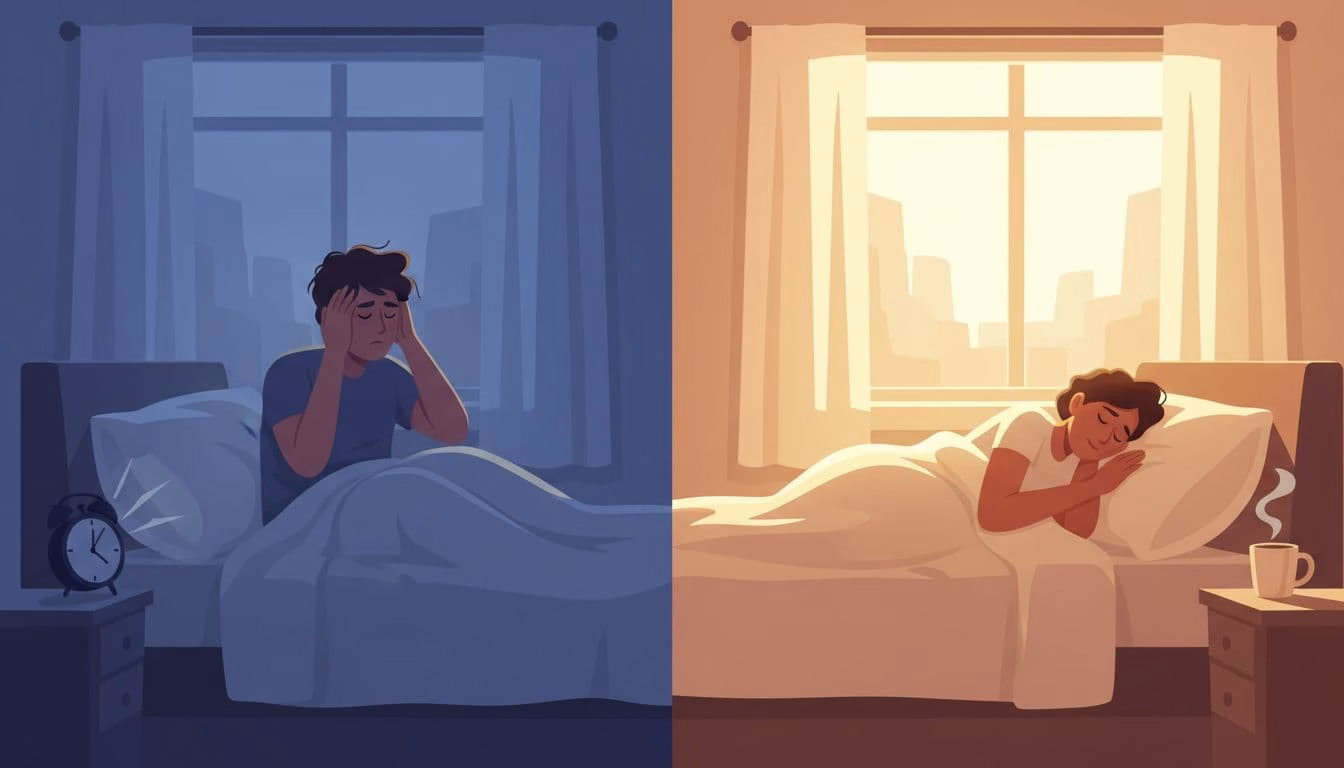 Split composition of a cosy bedroom showing a groggy adult sitting up to a ringing alarm in dim blue light on the left (weekday morning), contrasted with the same person sleeping peacefully in warm sunrise on the right (weekend morning), illustrating social jet lag.