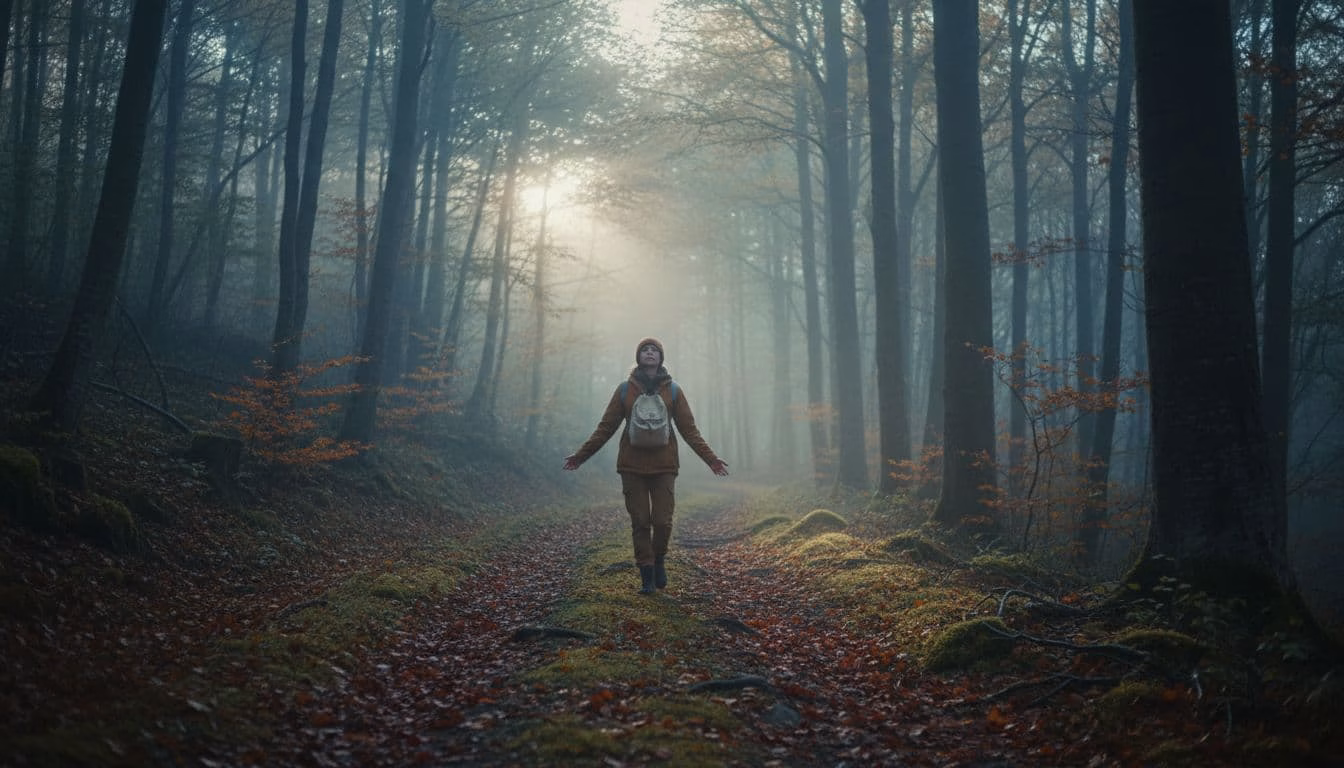 A single person walks slowly along a misty forest path at dawn, with soft light filtering through trees, emphasizing peaceful immersion for sensory grounding.