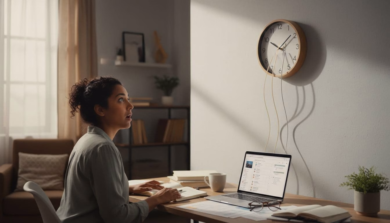 A diverse adult in a cozy home office shows a surprised expression while glancing at a wall clock indicating an unexpectedly late time, surrounded by scattered papers and an unfinished laptop task. Subtle bending clock hands evoke the metaphor of time slipping away in a calm, practical setting with soft natural lighting.
