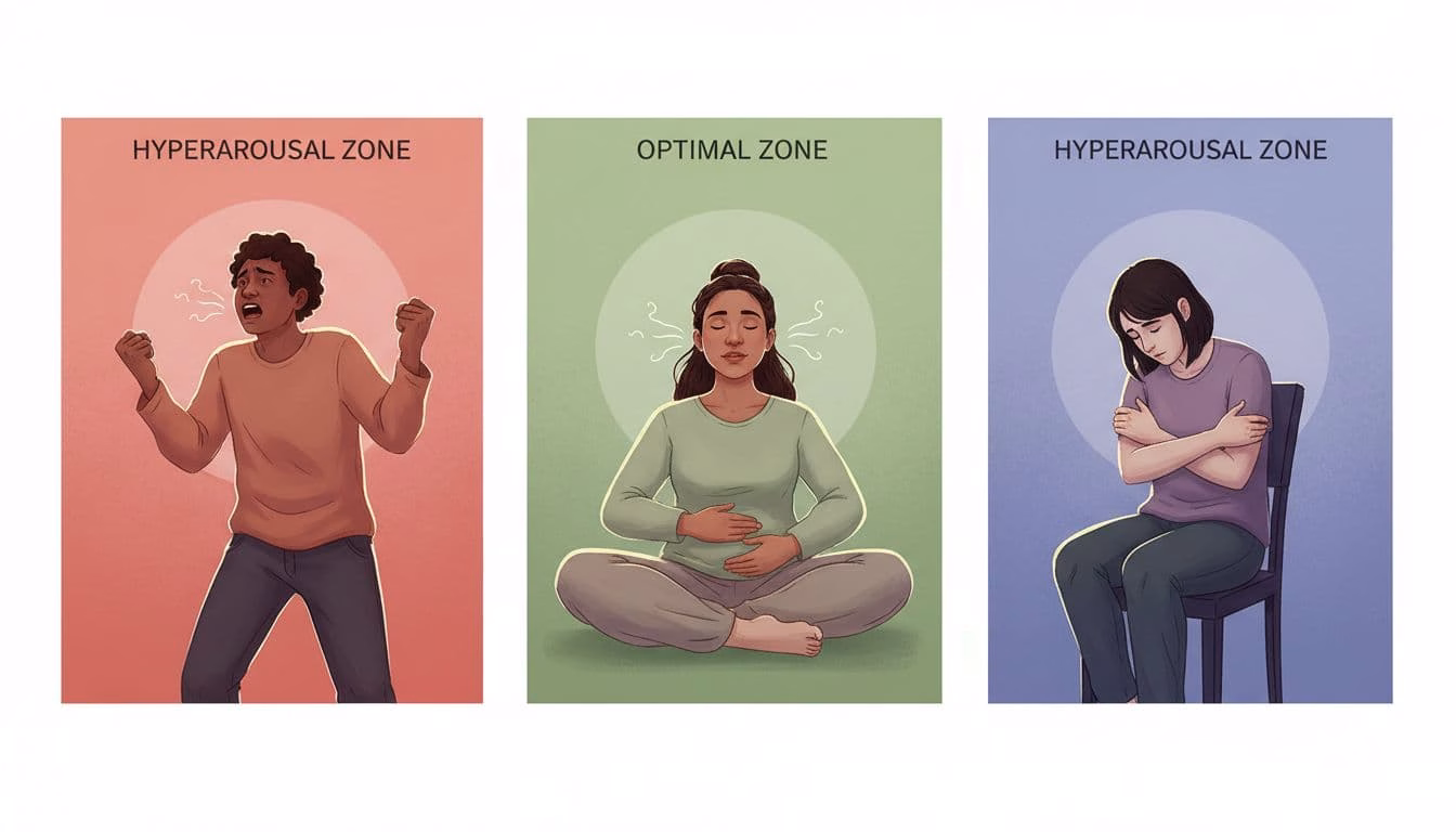 Calm editorial illustration of the window of tolerance model showing hyperarousal, optimal arousal, and hypoarousal zones with one adult in each.