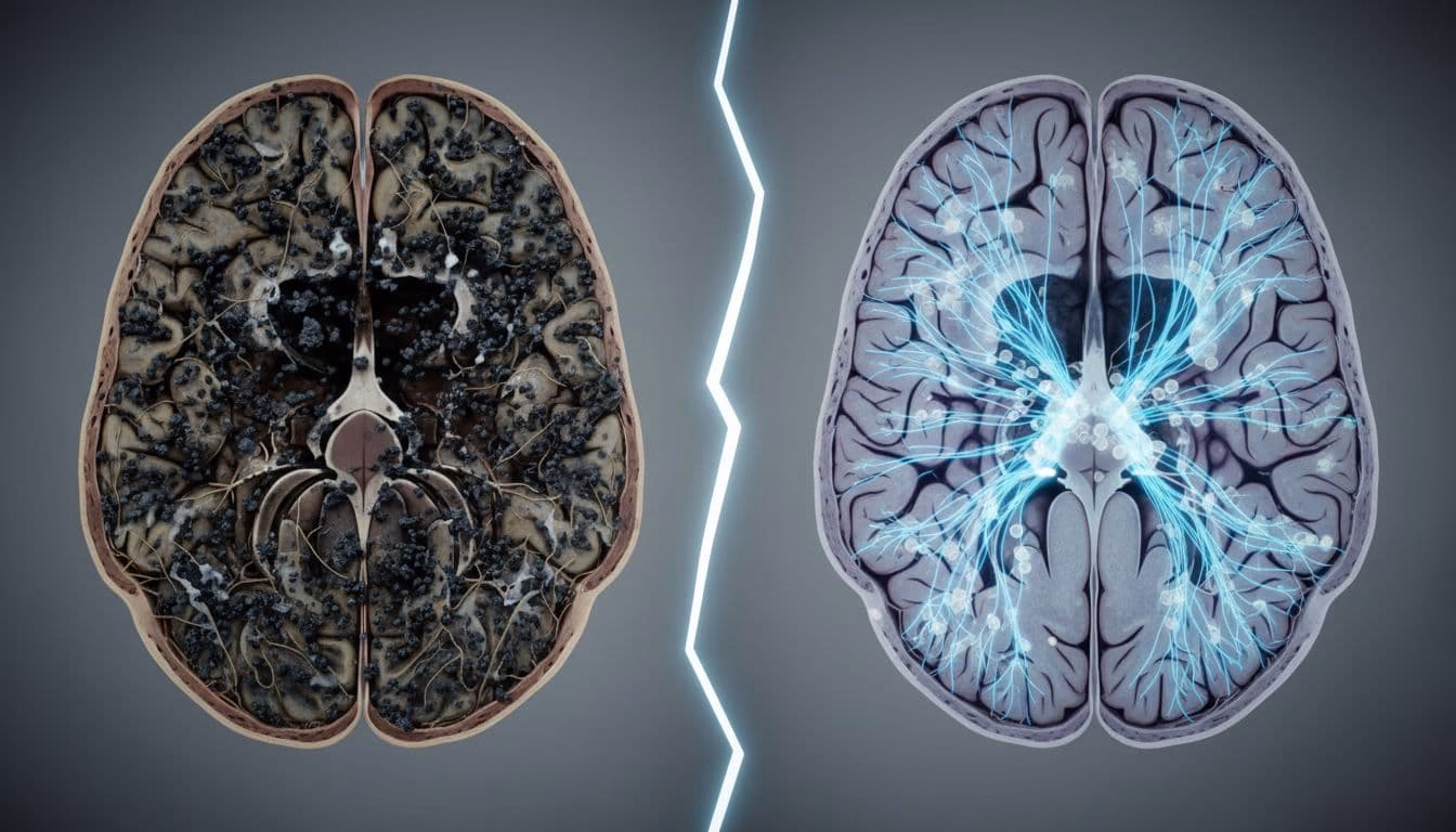 Left half: awake brain with tight spaces and dark waste particles; right half: sleeping brain with expanded spaces flushing waste via blue fluid.