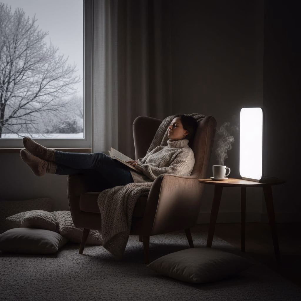 Person sits in armchair facing light therapy lamp in dimly lit cozy living room on winter morning.
