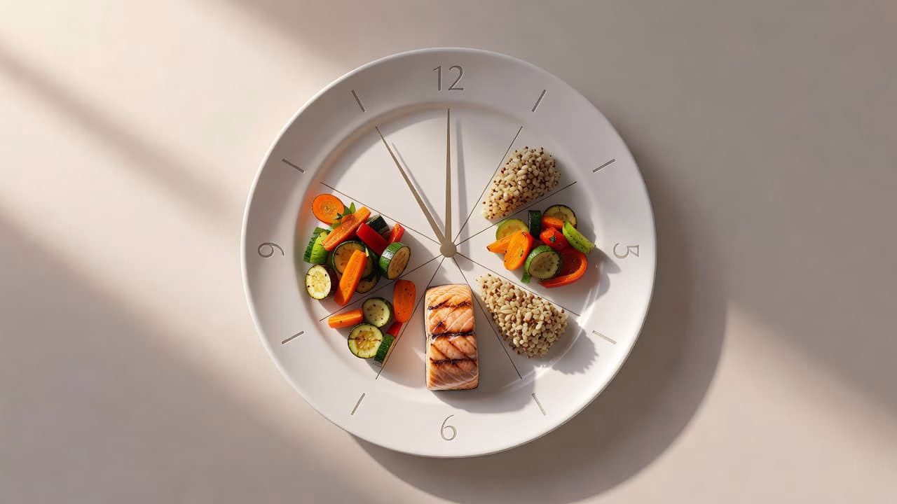 A stylized clock face is artfully blended into a dinner plate filled with colorful, healthy food components. Soft morning light casts gentle shadows, creating a serene and professional culinary atmosphere.