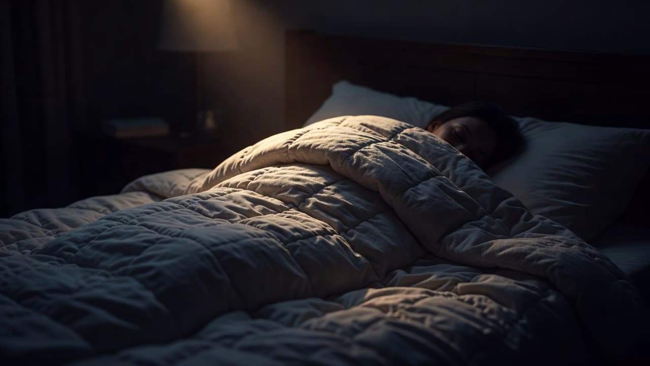 A person lies comfortably in a dimly lit bedroom tucked under a heavy, textured grey blanket. The soft lighting emphasizes the intricate fabric weave while maintaining a serene and peaceful atmosphere.
