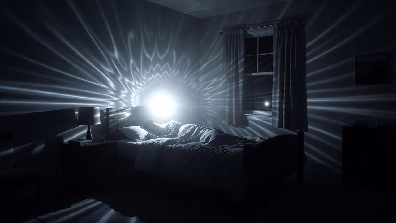 A brilliant white flash erupts inside a dark bedroom, creating distorted ripple effects across the furniture. These intense light waves shatter the calm stillness, illuminating the shadows with a sudden shock.