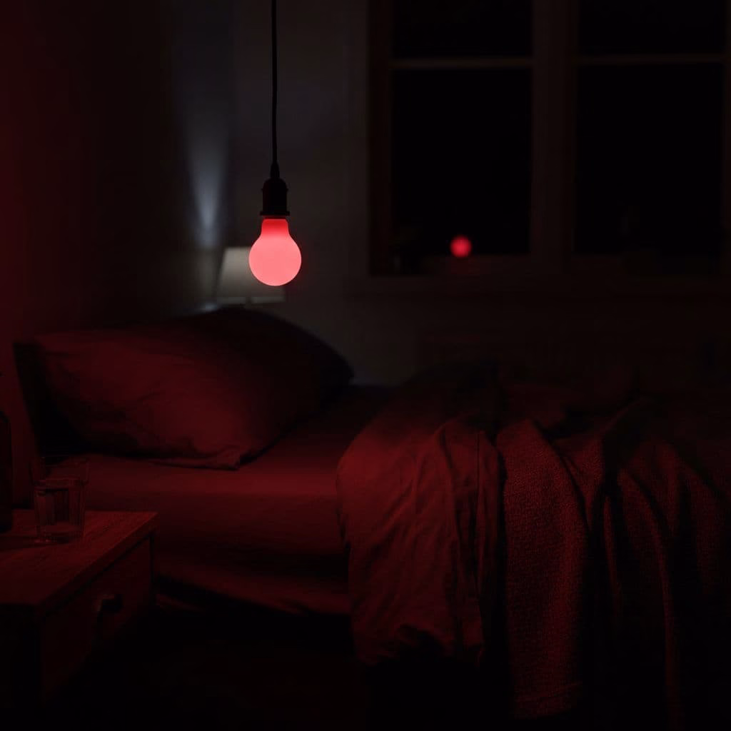 A single glass light bulb emits a deep crimson glow against a dark, shadowy bedroom wall. The focused warm light creates soft highlights on the nearby surfaces, emphasizing the evening ambiance.