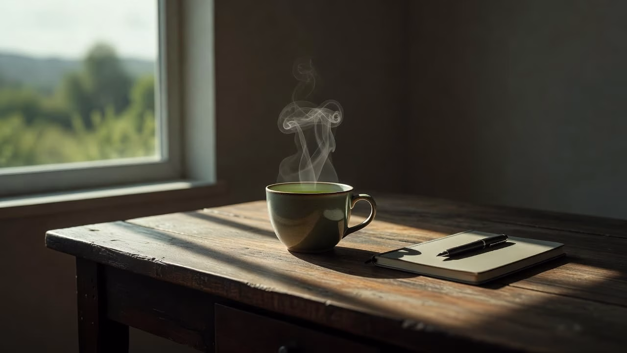 A steaming cup of green tea rests on a warm wooden desk beside a window. Soft natural light illuminates the clean workspace, highlighting the serene atmosphere and gentle steam rising.