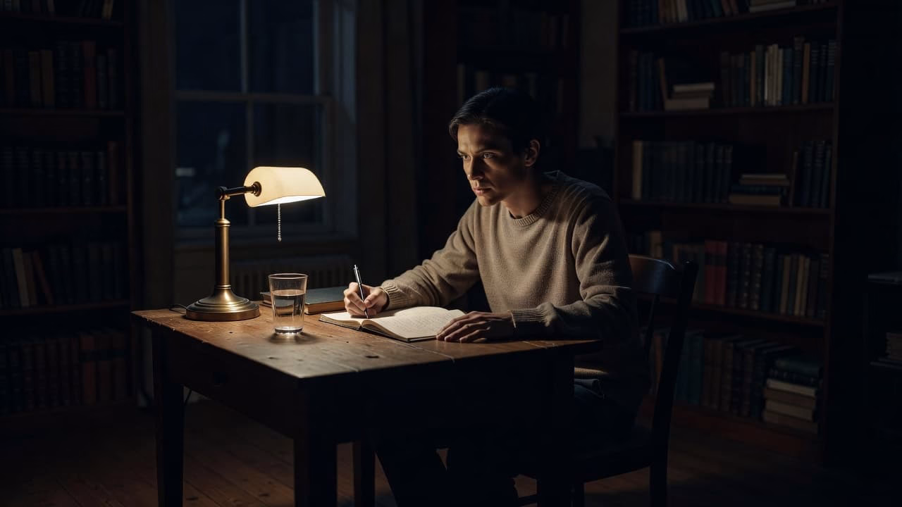 A single person sits at a wooden desk inside a dimly lit room. A warm desk lamp highlights a notebook and glass of water, creating deep shadows and dramatic night lighting.