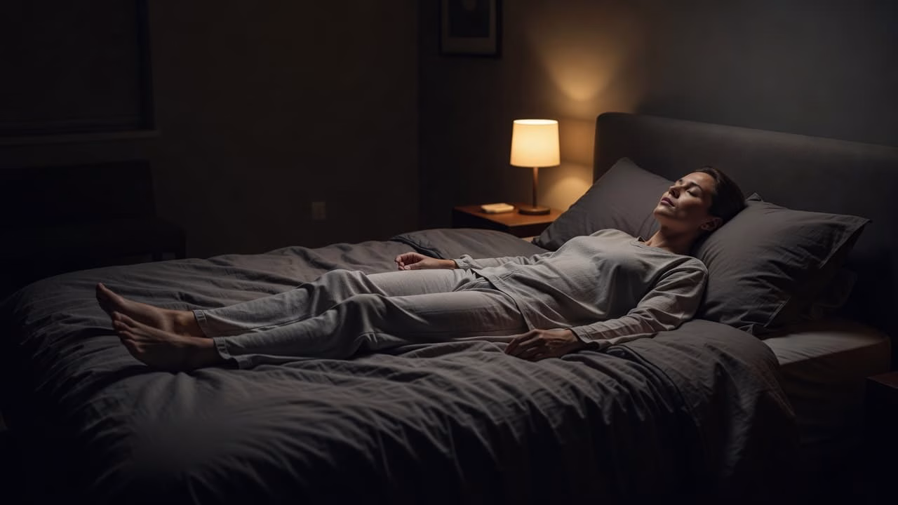 A person rests comfortably on a plush bed within a quiet, dimly lit bedroom at night. Warm accent lighting creates soft shadows across the room, emphasizing a peaceful atmosphere for resting.