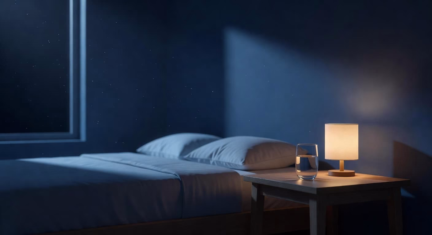 A glass of water sits atop a minimalist bedside table in a darkened bedroom. Cool moonlight pours through the window, casting deep shadows against the blue and gold ambient tones.